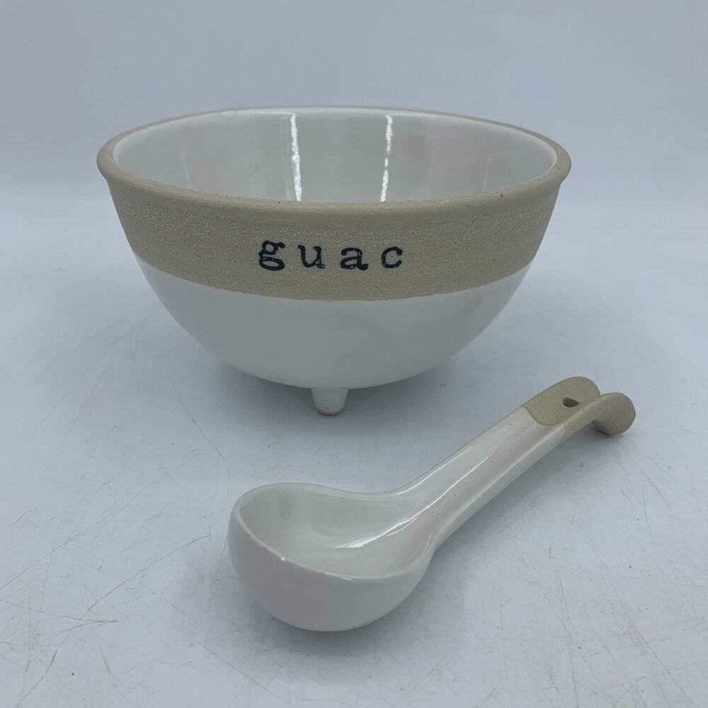 Mud Pie Footed Guacamole Bowl & Spoon Farmhouse Farmstead Stoneware Minimalist